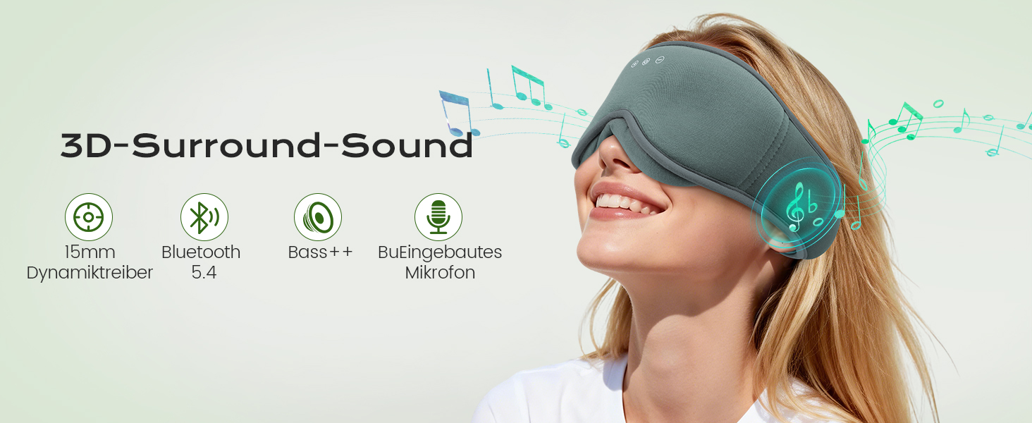 Bluetooth-навушники для сну MUSICOZY 5.4 — Маска для сну з 3D бамбуковою бавовною, повне затемнення (Blackout), 16 годин роботи, для подорожей та людей, що сплять на боці (Димчасто-сірий)