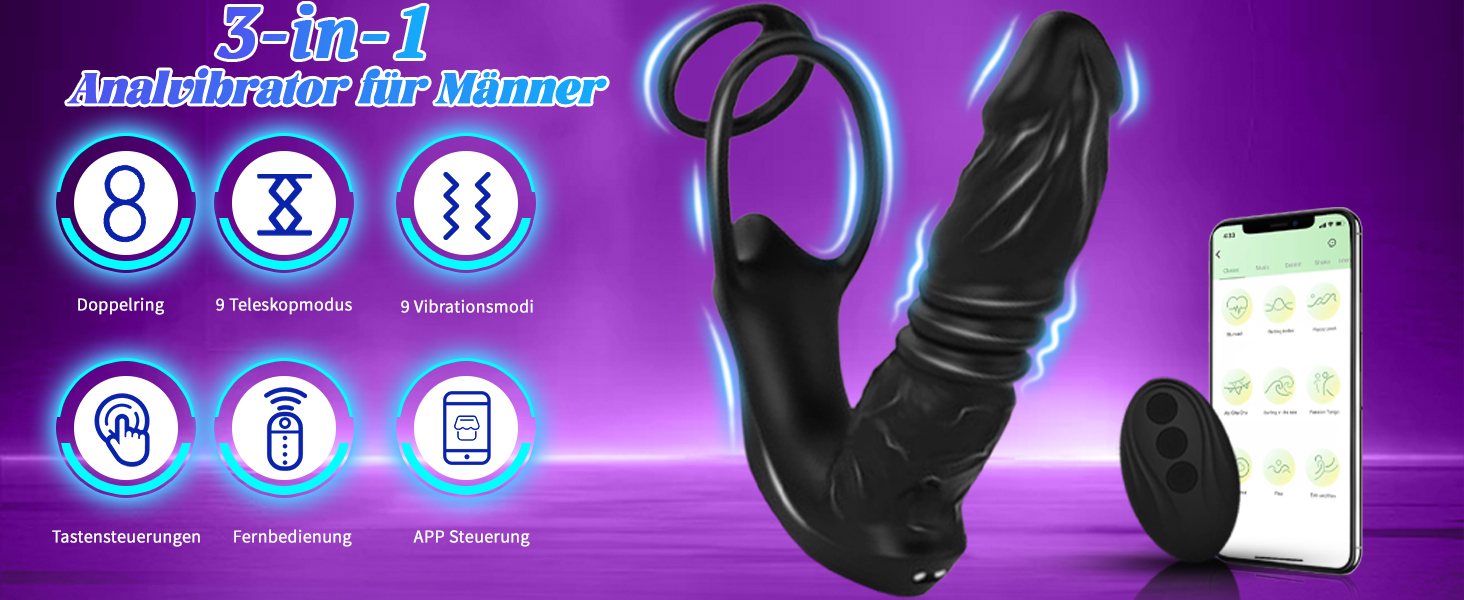 Анальні вібратори TDLPlus з 9 телескопічних та 9 режимів вібрації – ергономічний анальний дildo та анальний плагін для стимуляції простати, з подвійним кільцем для пеніса, секс-іграшки для чоловіків та пар