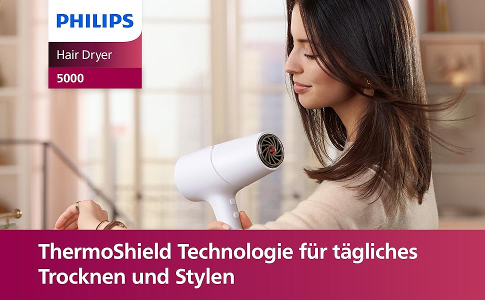 Фен для волосся Philips 5000 Series BHD500/20 з технологією ThermoShield, іонізацією, 2100 Вт, білий, з диффузором та стилізуючою насадкою