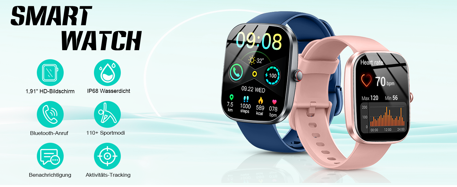 Смарт-годинник унісекс 1.91'' HD 2026 з Bluetooth-дзвінками, фітнес-трекер з моніторингом пульсу, SpO2, сну, 113+ спортивних режимів, водонепроникність IP68 для Android та iOS (Синій)