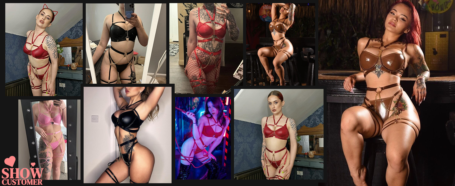 Сексуальний комплект нижньої білизни з бретельками для жінок, 7 частин: бюстгальтер з кісточками, трусики, панчохи, гетри, нагольник, ласий ланцюжок, червоний колір