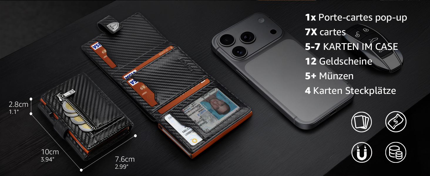 Тонкий чоловічий гаманець TENBST з RFID-захистом та монетницею, преміум шкіряний картхолдер на 10 карток, чорно-помаранчевий