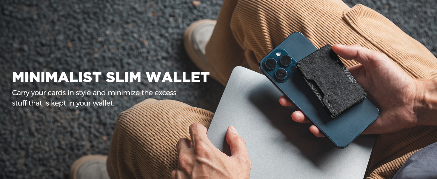 Чоловічий картхолдер VULKIT зі сталевим затискачем для грошей, Slim Wallet з RFID-захистом, компактний гаманець з текстурою під дерево на 12–15 карток