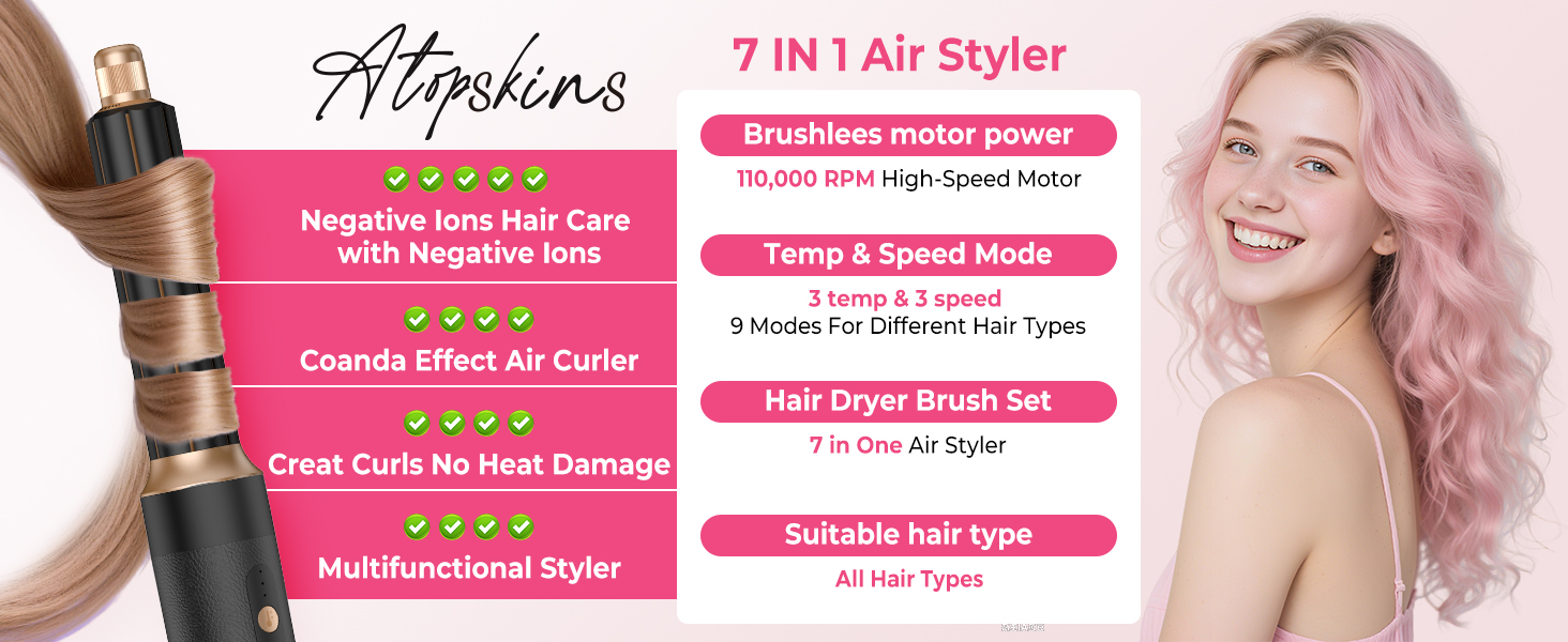 Мультифункціональний стайлер для волосся 7 в 1 Atopskins Airstyler Pro: фен з дифузором, круглі щітки, випрямляч та плойка для локонів Beach Waves, чорно-золотий
