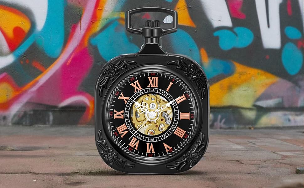 Механічний кишеньковий годинник ShoppeWatch з ланцюжком для чоловіків, ручний завод, прозорий циферблат у стилі стімпанк, чорний