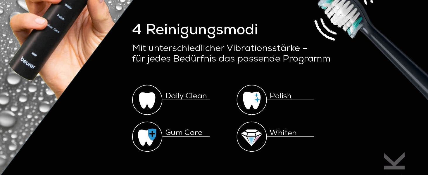Електрична звукова зубна щітка Beurer SC 30 Jet Black: 4 режими чищення, 80 000 вібрацій, LED-дисплей та акустичний таймер, 2 насадки, еко-корпус