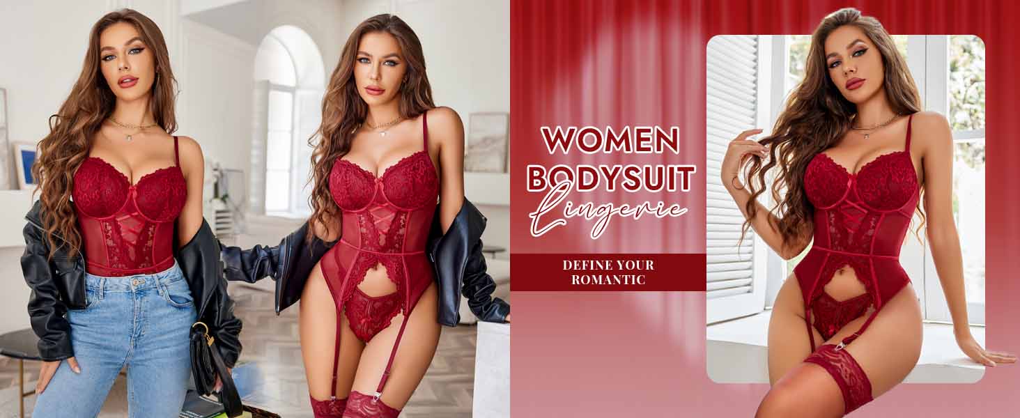 Avidlove Комплект нижньої білизни для жінок: мереживний боді, корсет, babydoll, чорний. Сексуальна спідня білизна, тіло, бюстгальтер та труси.