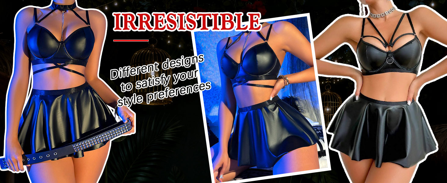 Комплект спідньої білизни FEOYA: бюстгальтер, труси G-string, спідниця з лакованого шкіряного ефекту, чорний, з ланцюжком, розмір M