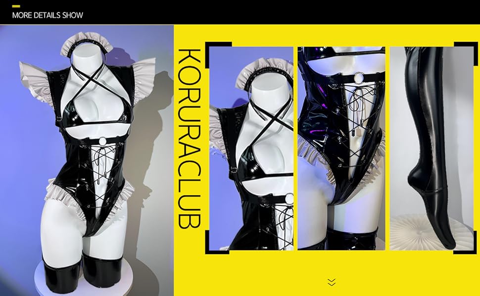 Костюм горничної KORURACUB з преміум-шкіри PU, жіноча спідня білизна в стилі горнички (чорний та білий, M)