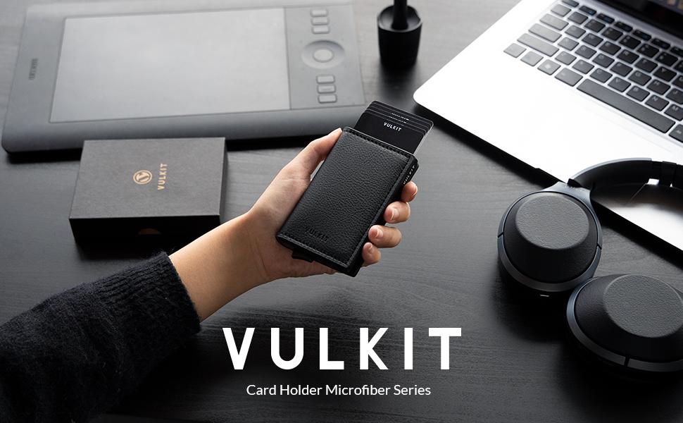 Шкіряний чоловічий картхолдер VULKIT з RFID захистом, міні-гаманець для карт та купюр, Коричневий (Litchi Schwarz)