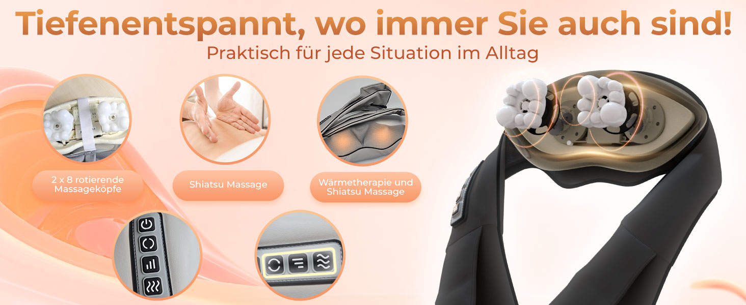 Електричний масажер для шиї та спини Shiatsu з функцією підігріву, ергономічний пристрій для зняття м'язової напруги та болю (Чорний)
