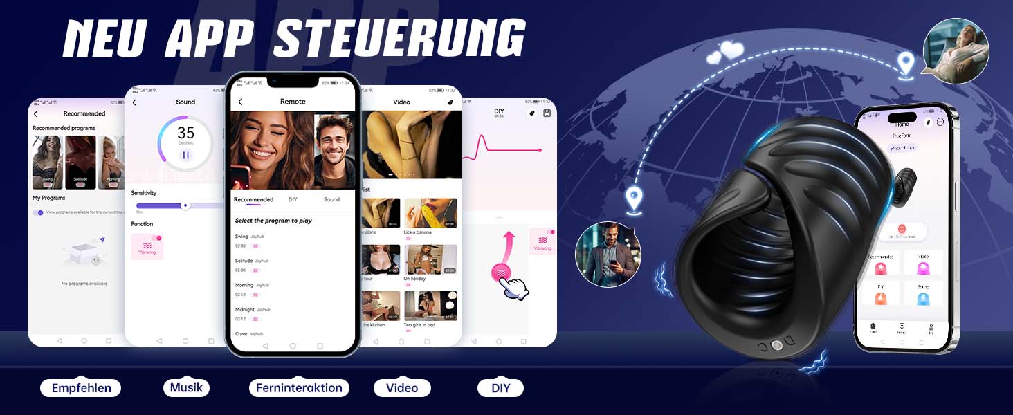 Інтимний масажер для пар з 9 вібраціями та функцією постукування, керування через додаток, подвійні кільця, презервативна накладка, чорний