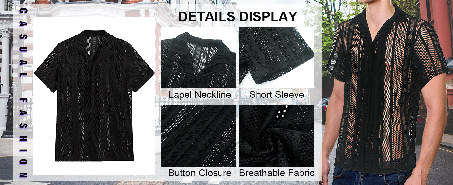 Чоловіча прозора блуза з довгим рукавом Panegy, мереживна сорочка, сітчаста, облягаюча, чорна, розмір L