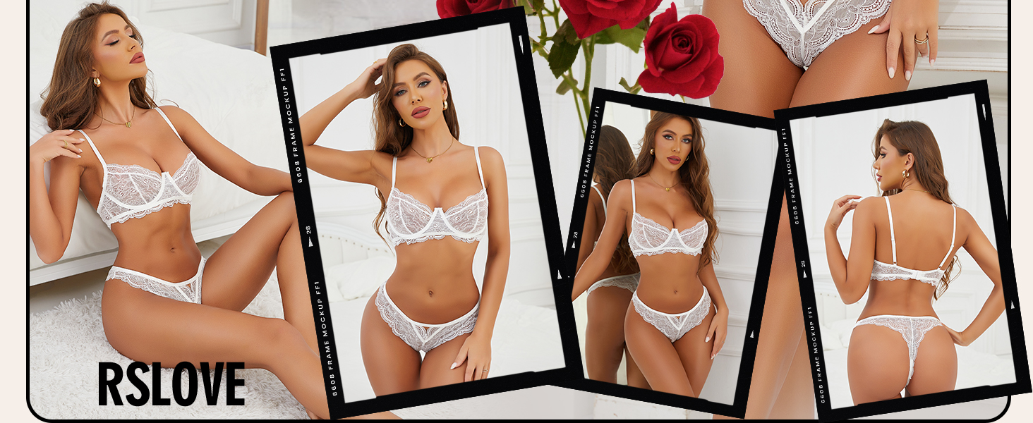 RSLOVE Комплект спідньої білизни для жінок: мереживний, прозорий, сексуальний комплект, бюстгальтер та труси (2 частини), чорний, XXL