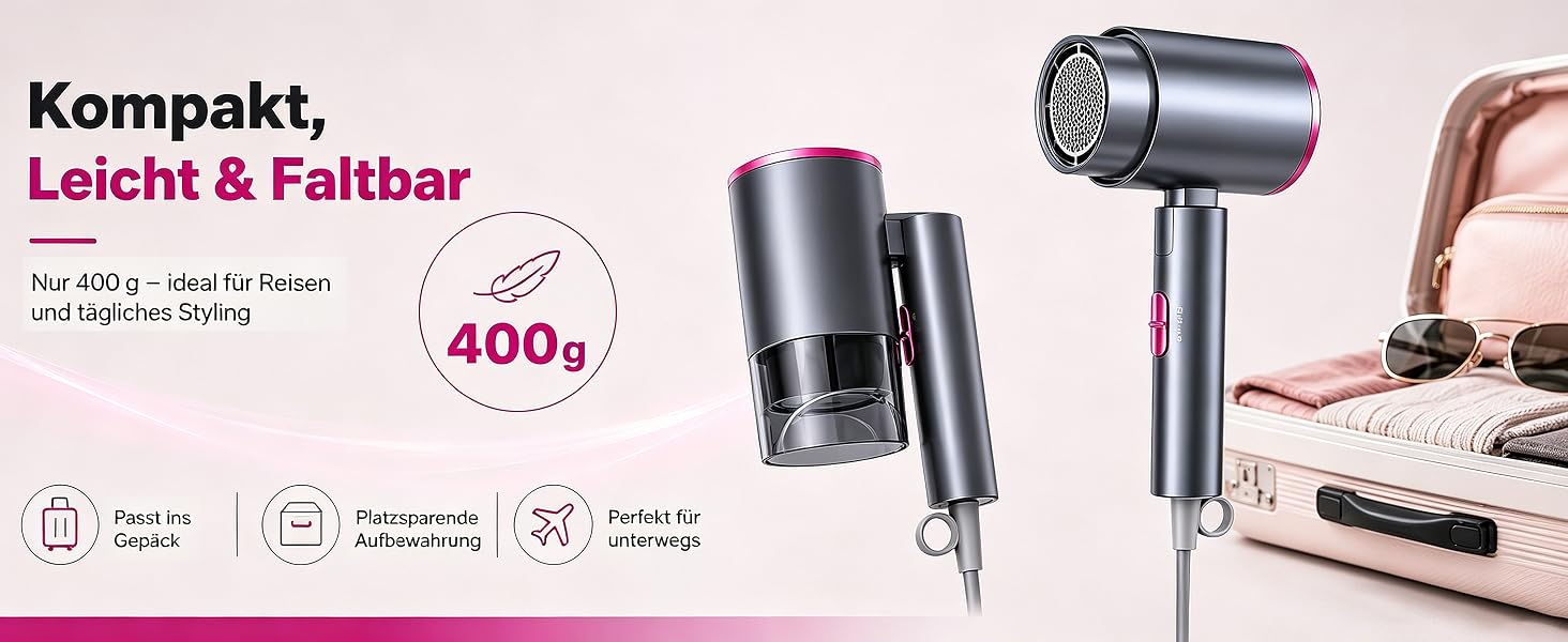 Складаний фен для волосся AIUNAOM 2000W, професійний дорожній фен з режимами гарячого та холодного повітря для дому та салону