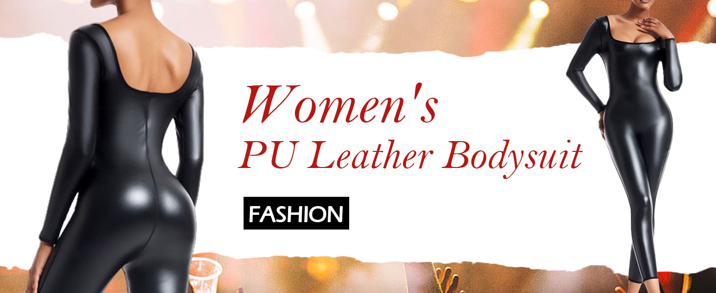 Комбінезон-боді з екошкіри для жінок Ausing. Боді, стрейч, глянцевий, для вечірок, карнавалу, Хелловіну, клубу. Чорний колір.
