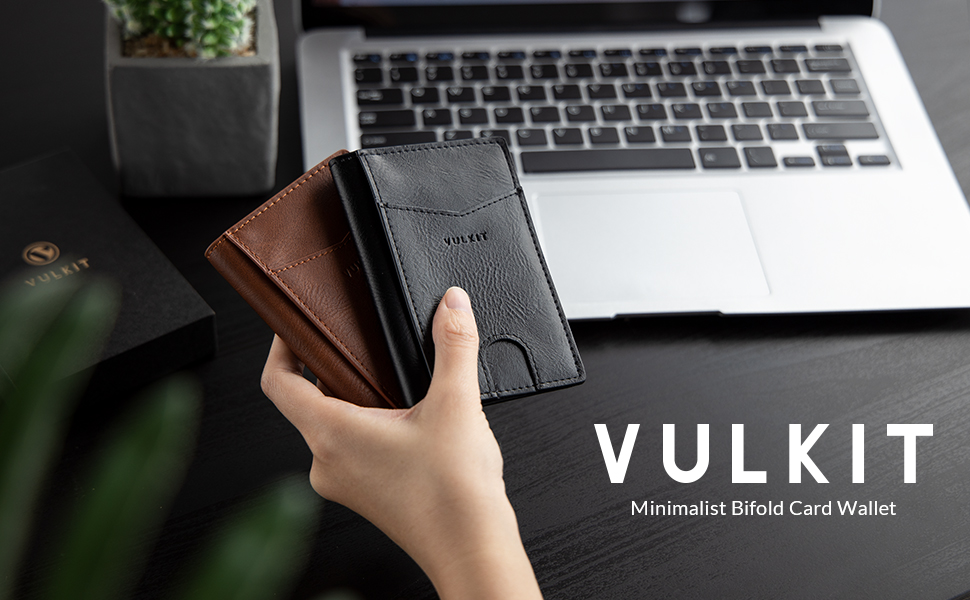 Чоловічий шкіряний картхолдер VULKIT з RFID/NFC захистом, тонка гаманець-портмоне на 10 карток, темно-синій