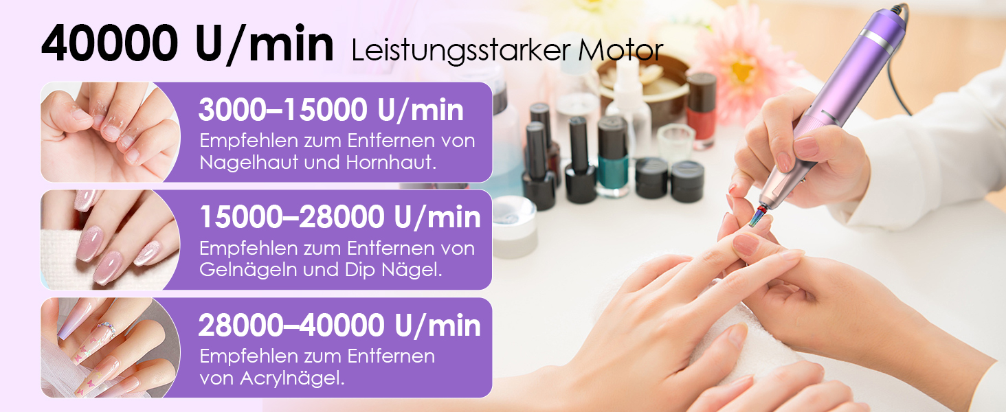 Електричний апарат для манікюру та педикюру HOMEASY Profi 16 в 1, 40000 об/хв, портативний фрезер для гель-нігтів з LCD-дисплеєм, реверсивний, рожево-фіолетовий