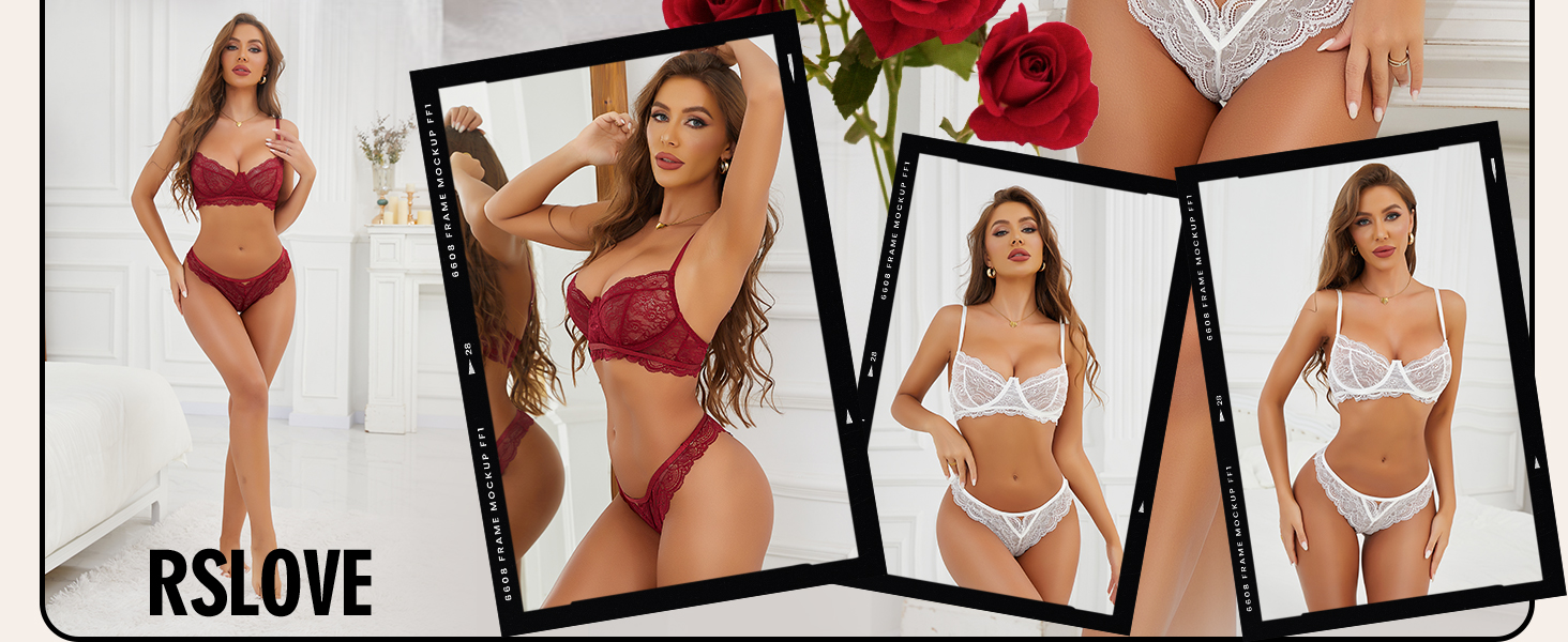 RSLOVE Комплект спідньої білизни для жінок: мереживний, прозорий, сексуальний комплект, бюстгальтер та труси (2 частини), чорний, XXL