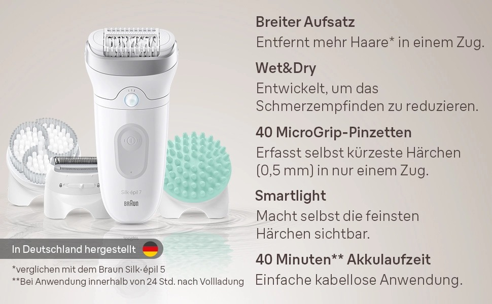 Епілятор для жінок Braun Silk-épil 7 7-011, сріблястий: для вологого та сухого використання, водонепроникний, з насадкою-шавером та набором аксесуарів (1+4), сумка в комплекті