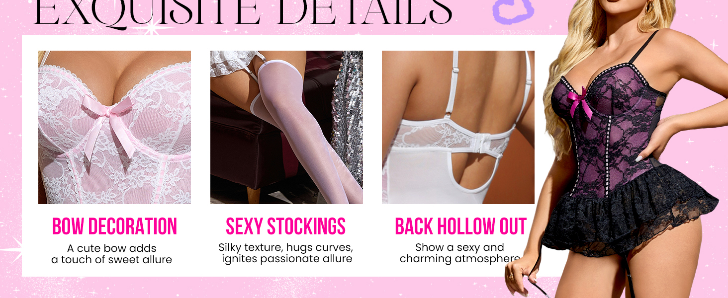 Сексуальна спідня білизна для жінок: комплект мереживний боді з панчохами, лямками, тедді, бабідолл з стріжками. Ідеально для Хелловіну та Різдва, червоний колір