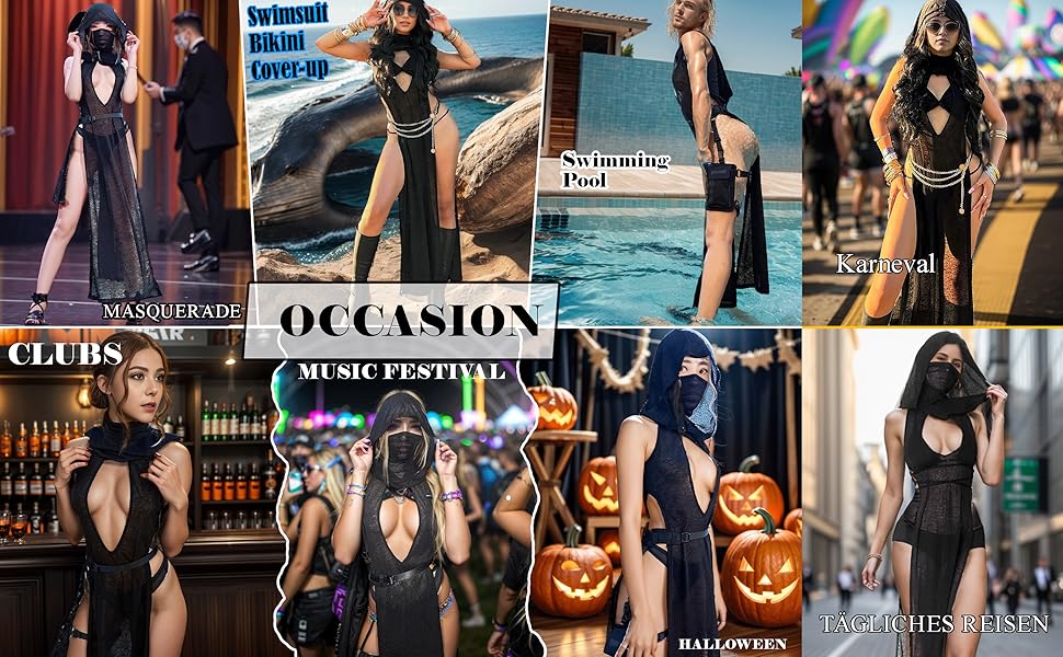 Жіноче прозоре готичне плаття Aucute з капюшоном та без рукавів, чорне, для Хелловіну, фестивалів EDM/Rave