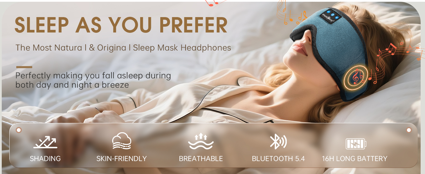 Маска для сну з Bluetooth-навушниками MUSICOZY, 3D маска для сну з повним затемненням, м'які бездротові навушники для сну (Bluetooth 5.4, 16 год роботи), для подорожей, йоги та медитації, синя