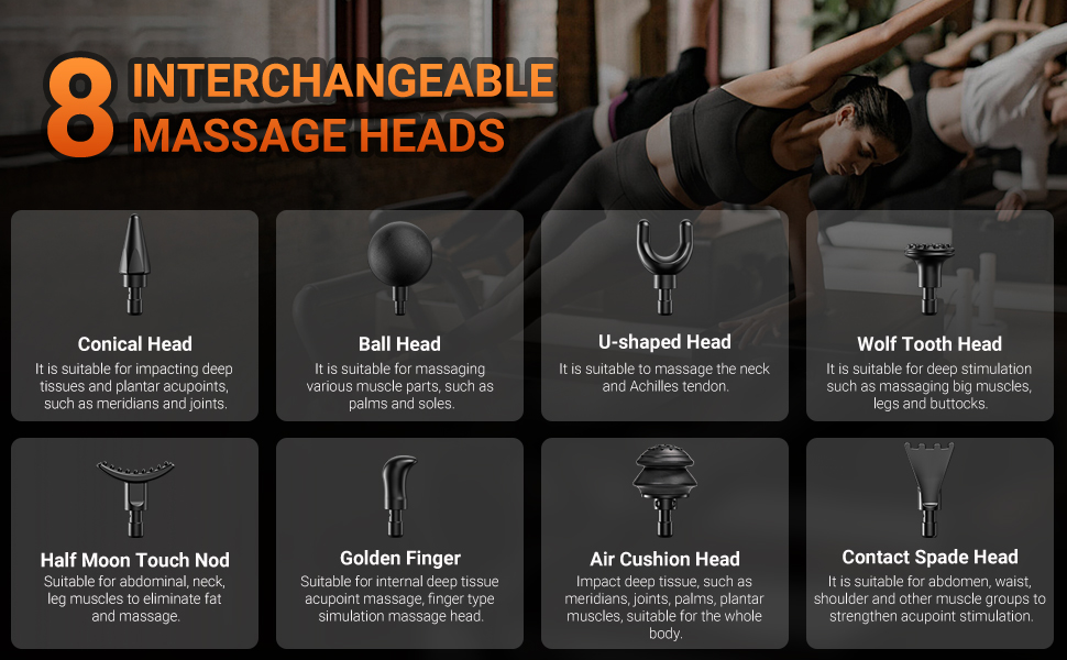 Перкусійний масажер Massage Gun для глибокого масажу тканин, 32 рівні швидкості, 8 насадок для спини, плечей та всього тіла