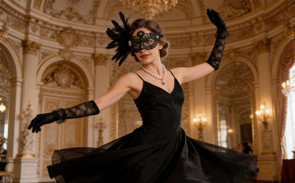 Маска та рукавички для жінок, венеціанський карнавал, чорний колір, для маскараду та костюмованих вечірок