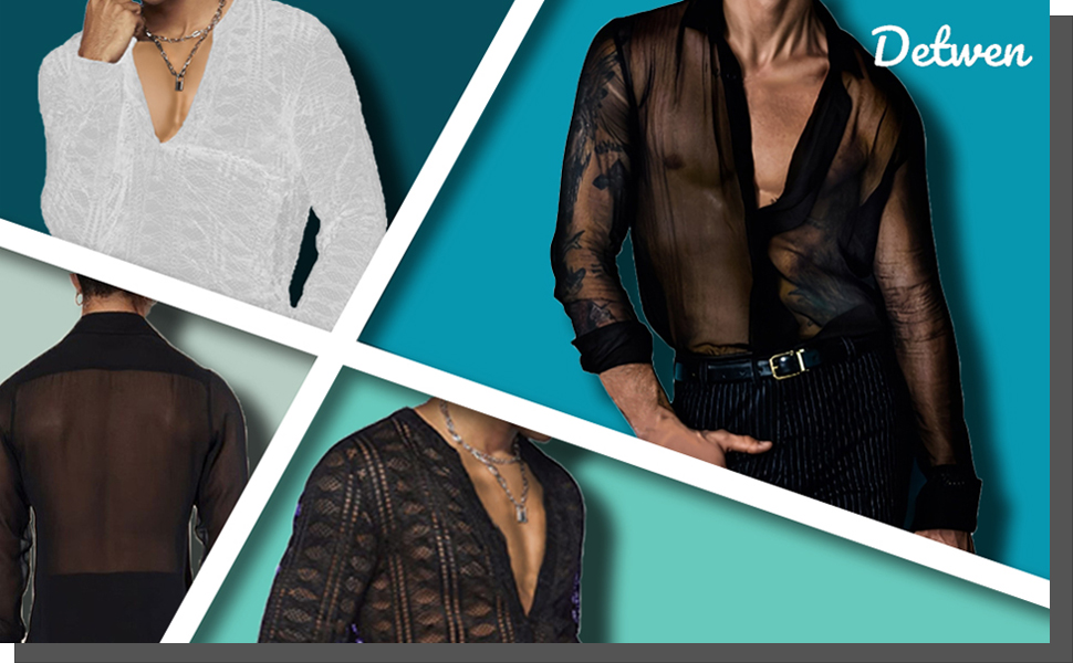 Чоловіча прозора сорочка Detten: мереживна футболка з довгим рукавом, чорна, універсальний розмір