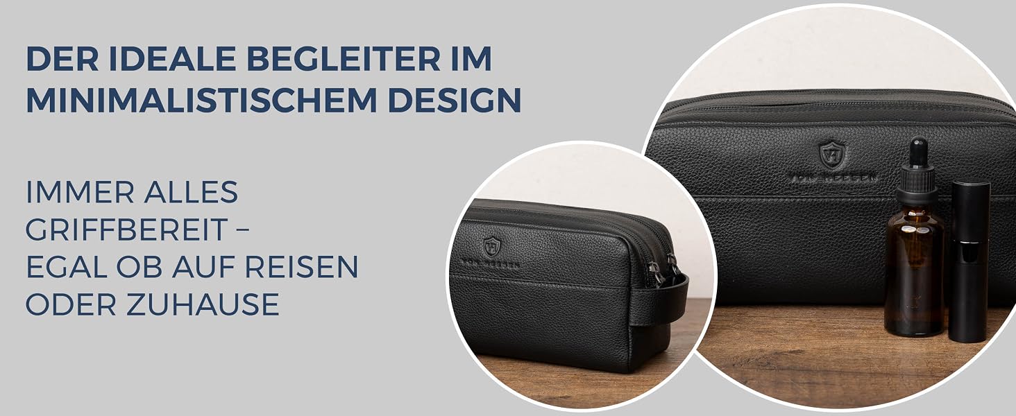 Шкіряна косметичка для подорожей VON HEESEN — універсальна сумка для аксесуарів та гігієни з 2-ма відділеннями, натуральна шкіра, чорна, великий розмір
