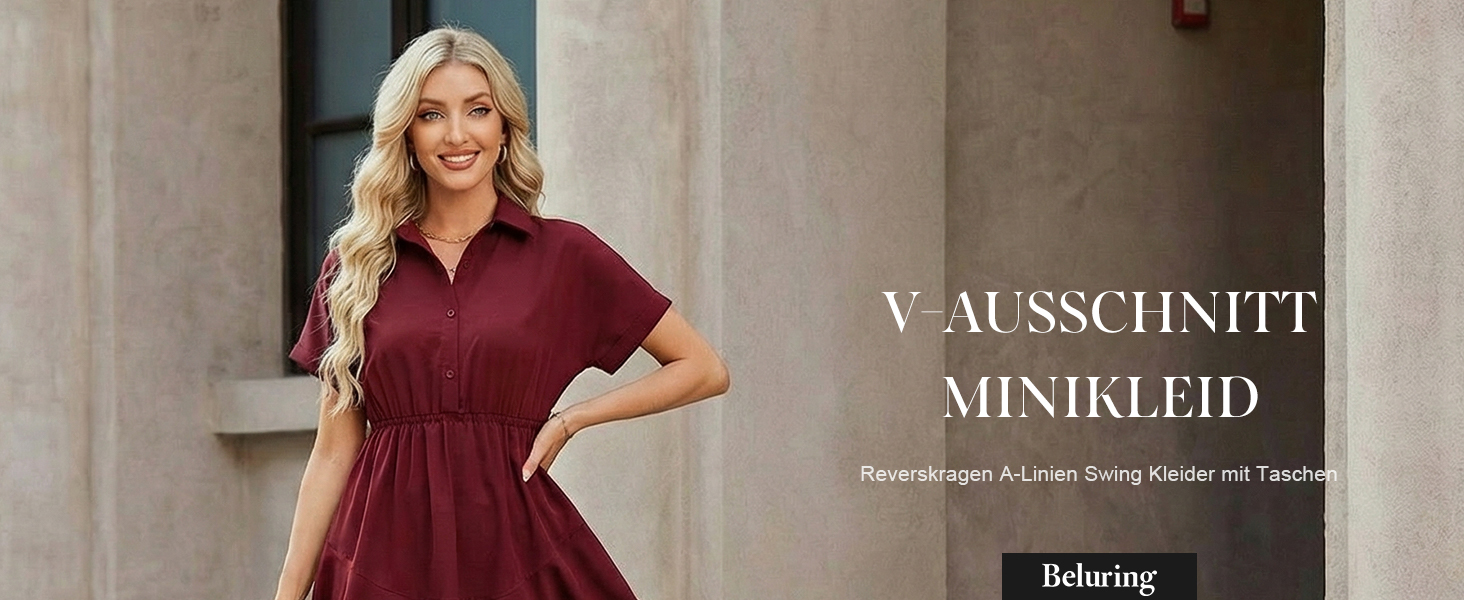 Сукня Beluring Bluenkleid жіноча літня коротка з V-подібним вирізом, червона (S) з кишенями та ґудзиками