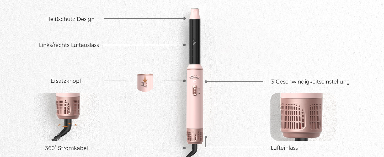 Мультистайлер для волосся 5 в 1 UKLISS Airstyler: фен, вирівнювач, круглі щітки та локони, чорний/рожевий