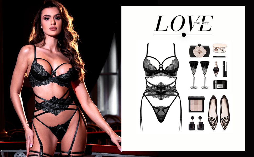 Сексуальний жіночий комплект спідньої білизни з мережива: бюстгальтер, трусики та пояс, колір нічний синій, розмір 75B