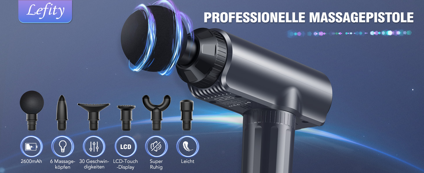 Перкусійний масажер Massage Gun для м'язів, ручний масажний пістолет з 30 рівнями швидкості та 6 насадками, USB-C зарядка, чорний