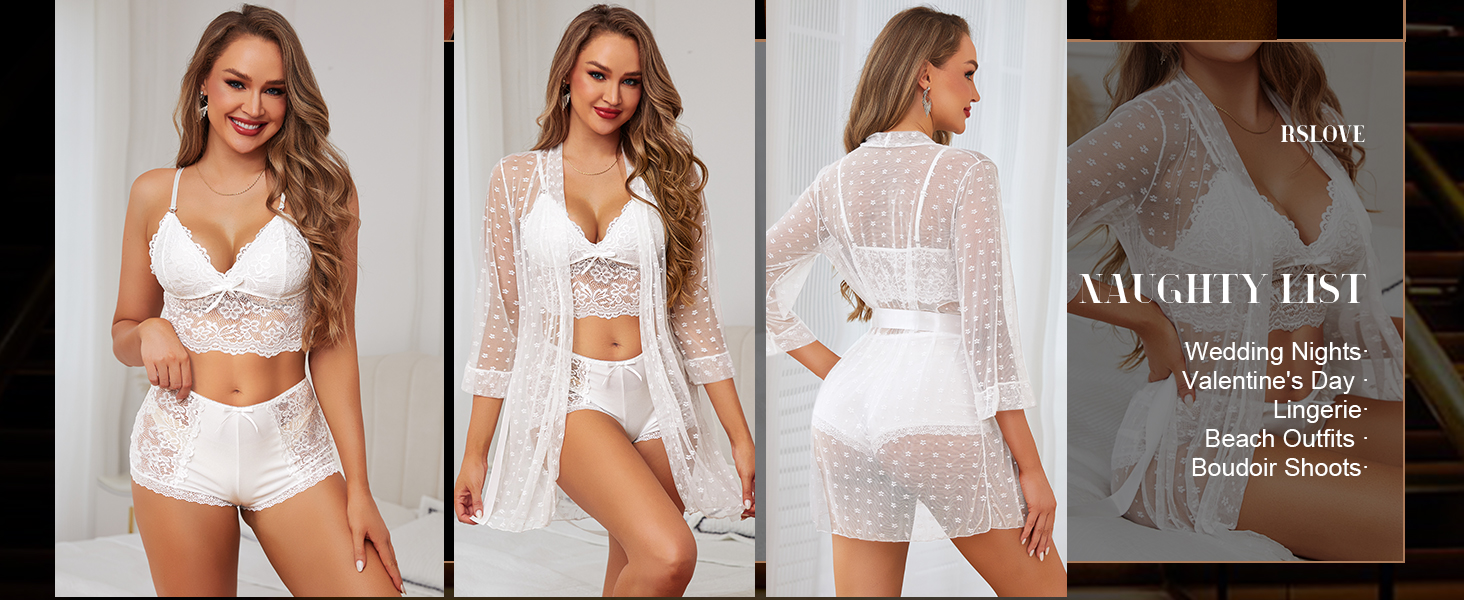 RSLOVE Комплект жіночої білизни: мереживний халат, бюстгальтер та труси (S, Зелений)