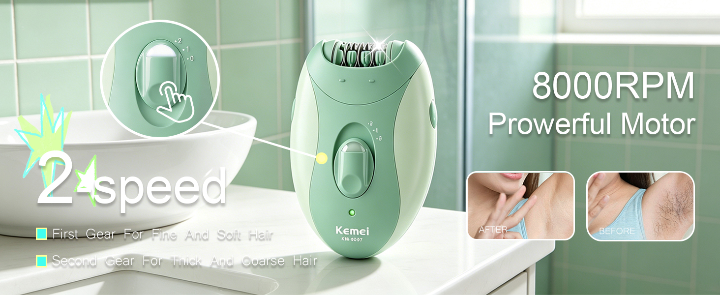 Епілятор KEMEI 4-в-1 для жінок: електричний голений апарат з LED-підсвіткою, 4 насадки (епіляція, гоління, масаж, видалення мозолів) для обличчя, пахв та бікіні, зелений