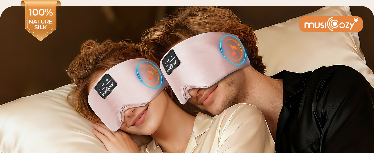 Bluetooth маска для сну MUSICOZY з навушниками 5.4, шовкова 3D маска для сну з повним затемненням, дихаюча, для тих хто спить на боці, 14 год роботи (Рожева)