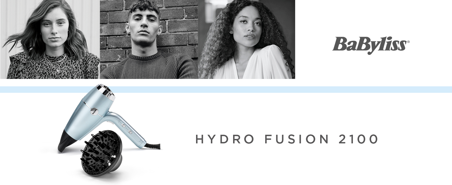 Професійний іонний фен BaByliss Hydro-Fusion 2100W з дифузором та концентратором, плазма-технологія для блиску та гладкості волосся, 3 режими температури, 2 швидкості, синій, D773DE