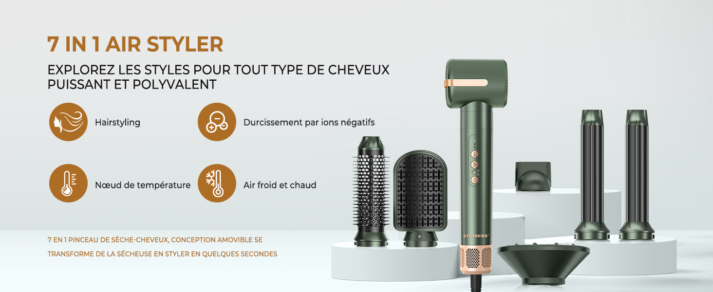 Мультифункціональний стайлер для волосся 7 в 1 Atopskins Airstyler Pro: фен з дифузором, круглі щітки, випрямляч та плойка для локонів Beach Waves, зелено-золотий