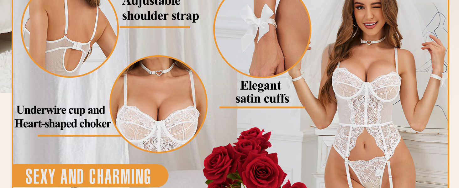 RSLOVE Комплект спідньої білизни для жінок - мереживний комплект з 4 частин, бюстгальтер з кісточками та стрінгі, білий