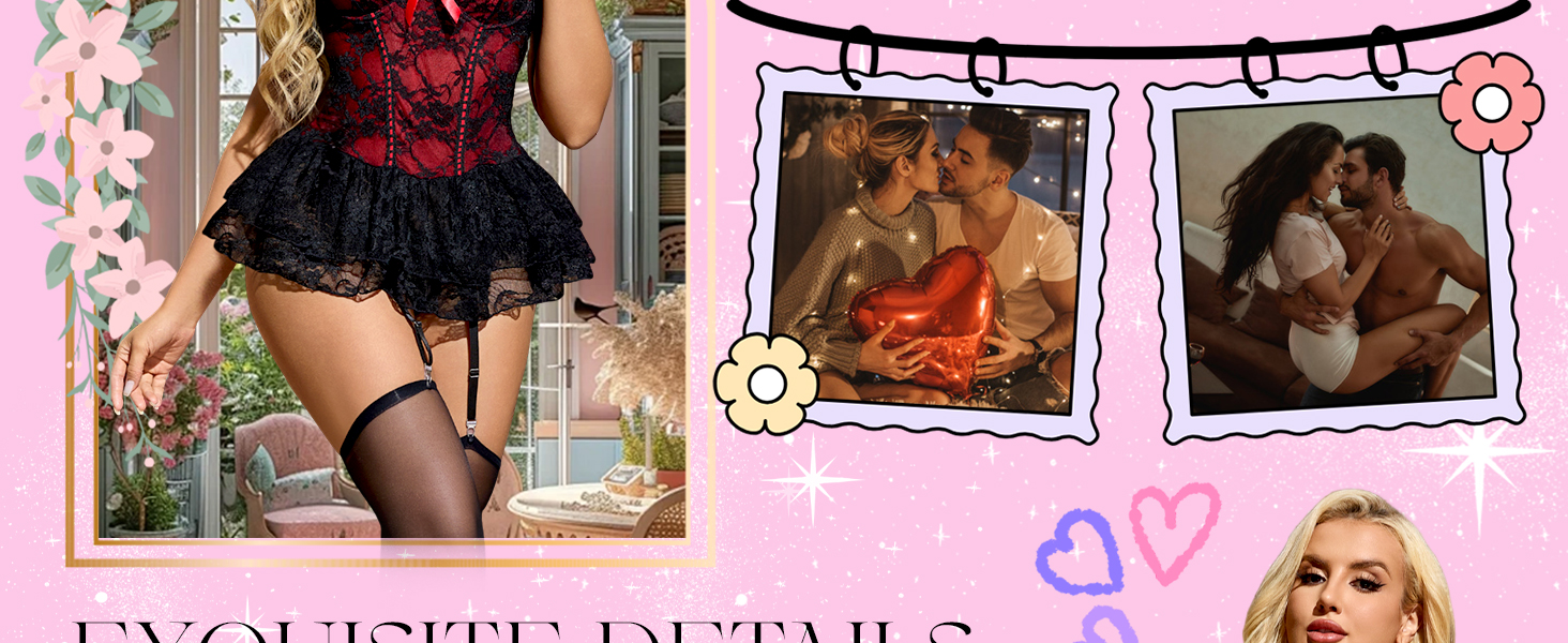 Сексуальна спідня білизна для жінок: комплект мереживний боді з панчохами, лямками, тедді, бабідолл з стріжками. Ідеально для Хелловіну та Різдва, червоний колір