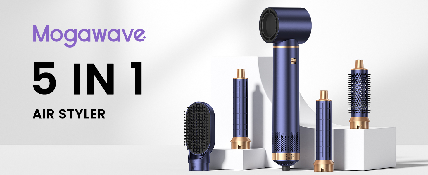 Мультистайлер для волосся 5 в 1 MogaWave Airstyler Pro 1000W: фен-щітка, плойка для локонів з іонізацією, набір для об'єму та укладки (фіолетовий)