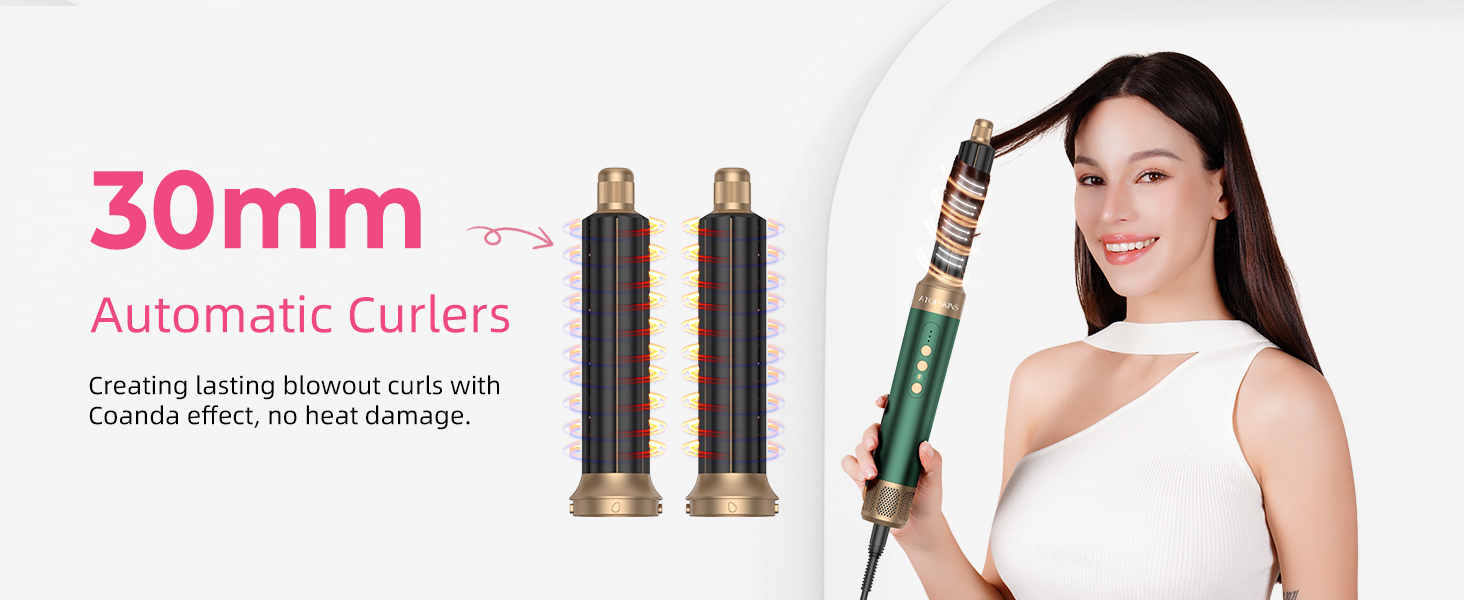 Мультифункціональний стайлер для волосся 7 в 1 Atopskins Airstyler Pro: фен з дифузором, круглі щітки, випрямляч та плойка для локонів Beach Waves, зелено-золотий