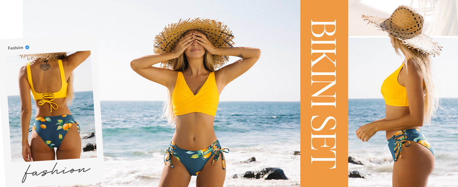 CUPSHE Bikini Set: Розкішний двочастинний купальник з квітковим принтом, низька посадка, шнурівка, лимонний колір