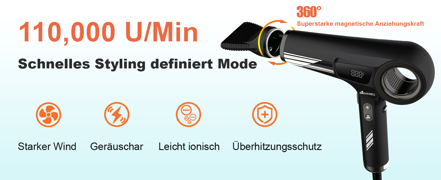 Професійний іонний фен для волосся 2100W з AC-мотором, інфрачервоним підігрівом, дифузором, гребінцем та концентратором (Чорний)