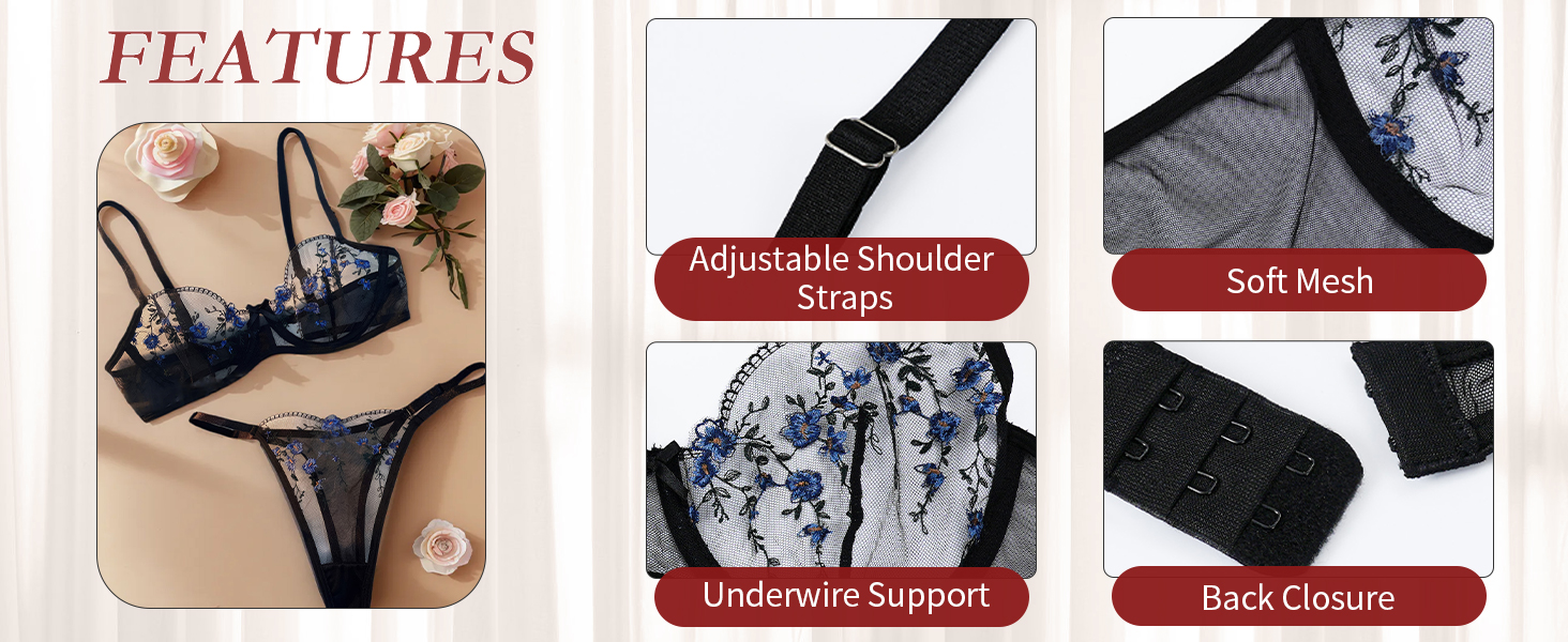 Сексуальна жіноча білизна Maeau: комплект бюстгальтера та танга з мереживом, мережаний прозорий трусики, пуш-ап, чорний, S-XL