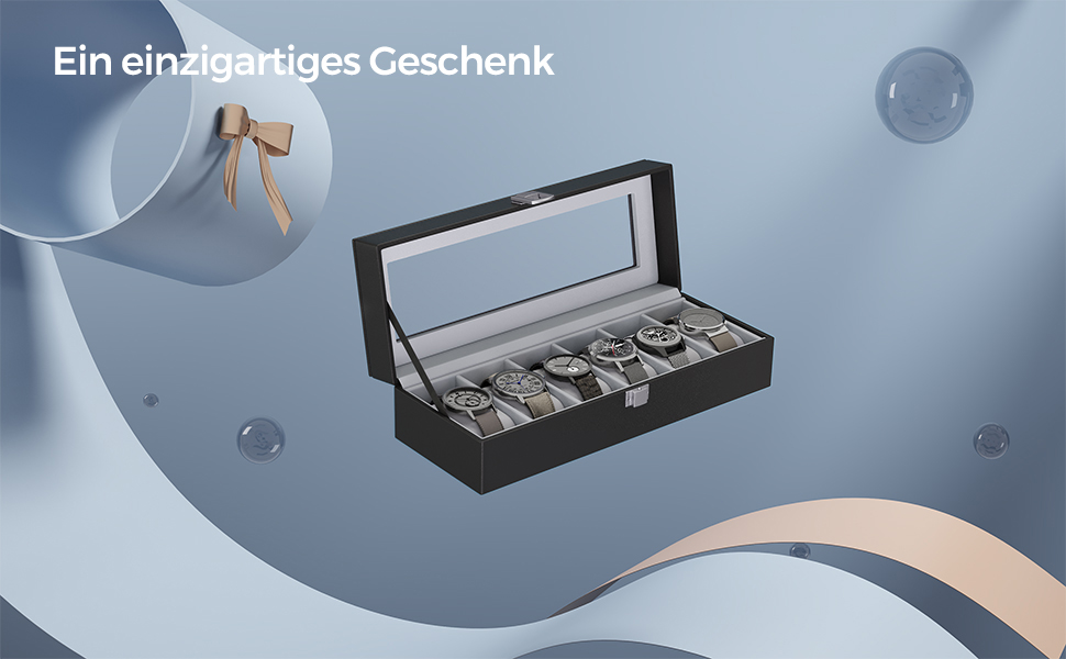 Бокс для годинників SONGMICS на 6 відділень з кришкою зі скла та PU-покриттям, чорний JWB06BK