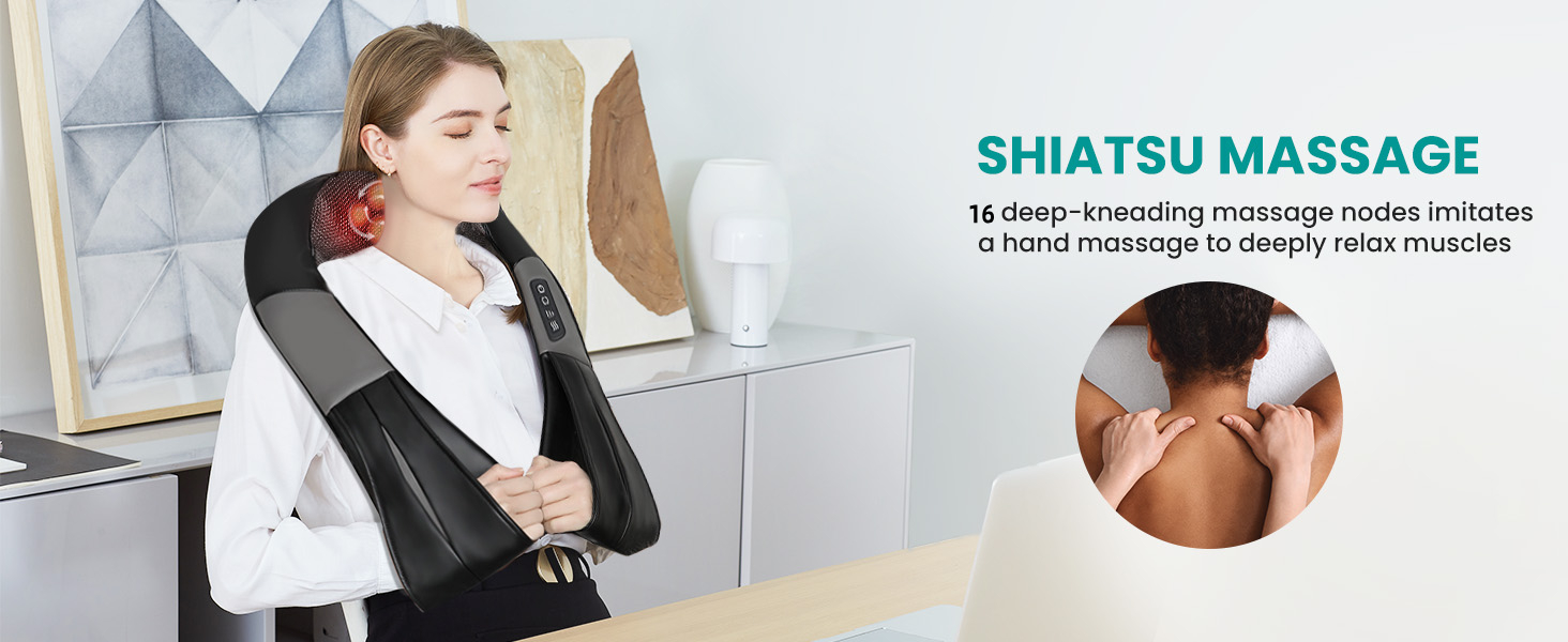 Масажер для шиї та плечей Nekteck 3D Shiatsu з підігрівом, глибокий тканинний масажер для спини та стоп від болю в м'язах, чорний