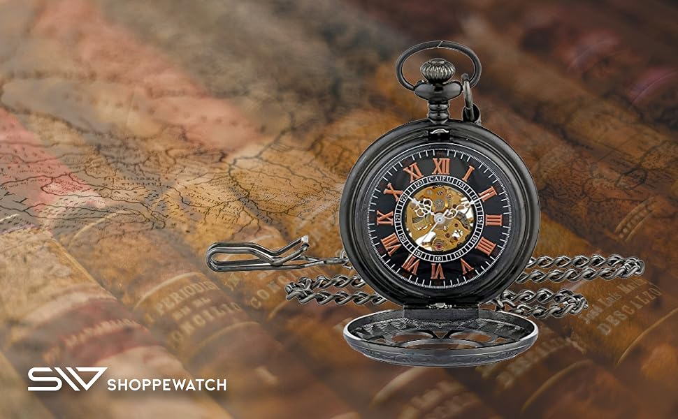 Чоловічий кишеньковий годинник ShoppeWatch з ланцюжком, механічний з ручним заводом, вінтажний стиль стімпанк (чорний)